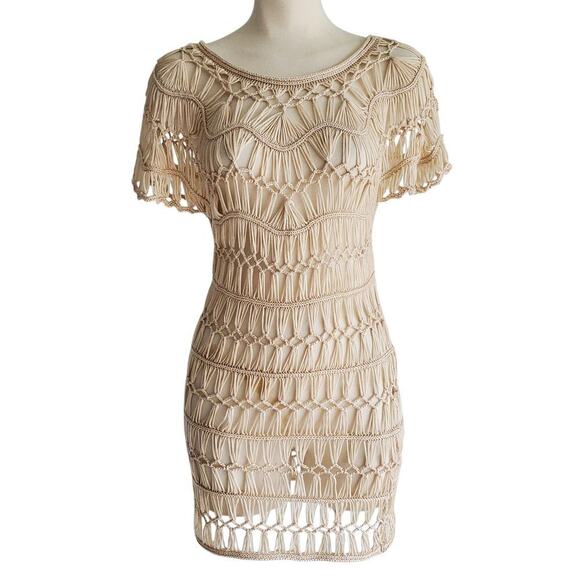 Macramé Crochet Open Weave Dress Beach Coverup Beige Size S/M - Picture 1 of 11